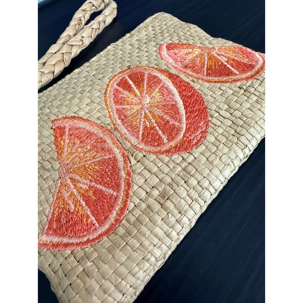 Woven Straw Grapefruit Embroidered Wristlet Pouch Pink Orange Summer Bag NWOT